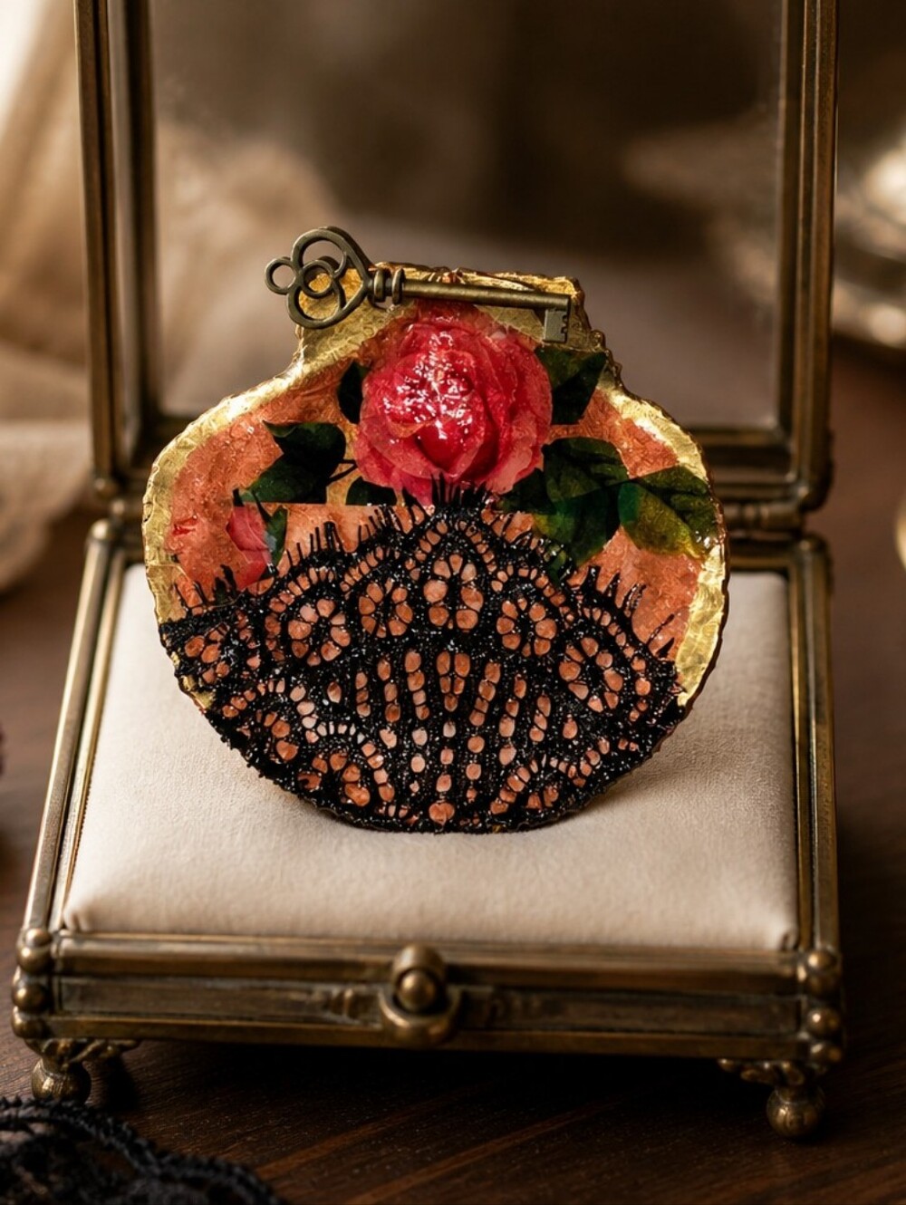 Vintage-Inspired Floral decoupage Trinket Shell Dish with Black Lace Accent